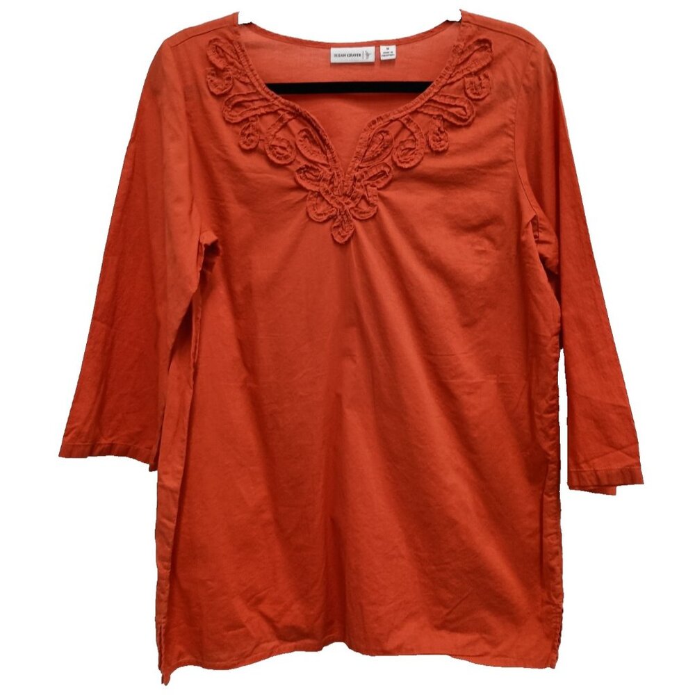 Susan Graver‎ Womens BOHO Peasant Top  Medium Orange 3/4 Sleeve Embroidered